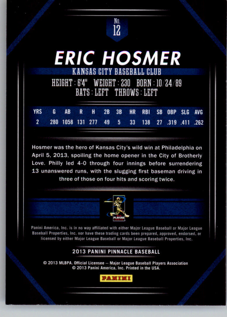 2013 Pinnacle #12 Eric Hosmer back image
