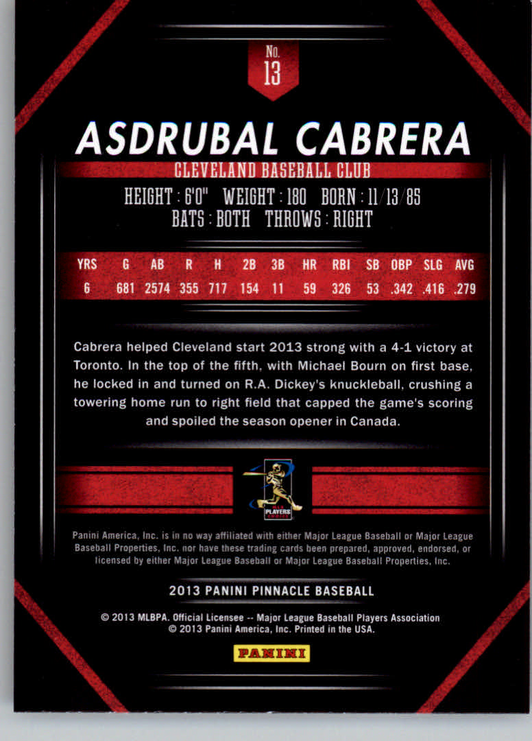 2013 Pinnacle #13 Asdrubal Cabrera back image
