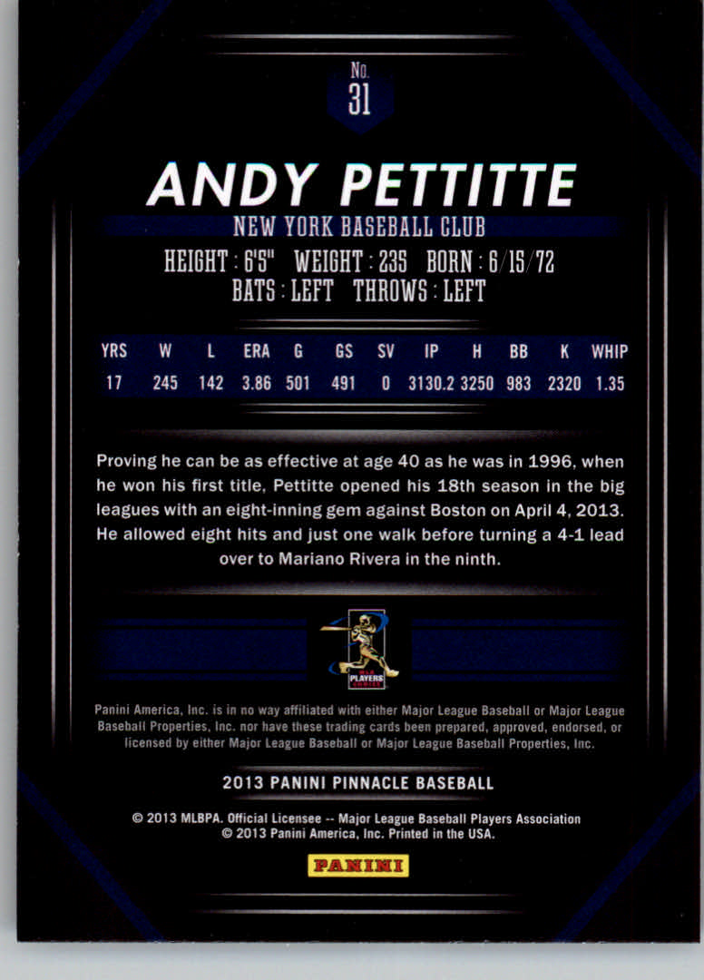 2013 Pinnacle #31 Andy Pettitte back image