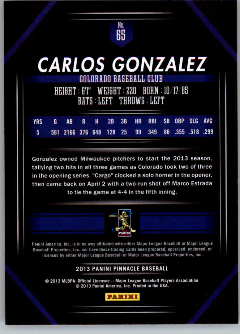 2013 Pinnacle #65 Carlos Gonzalez back image