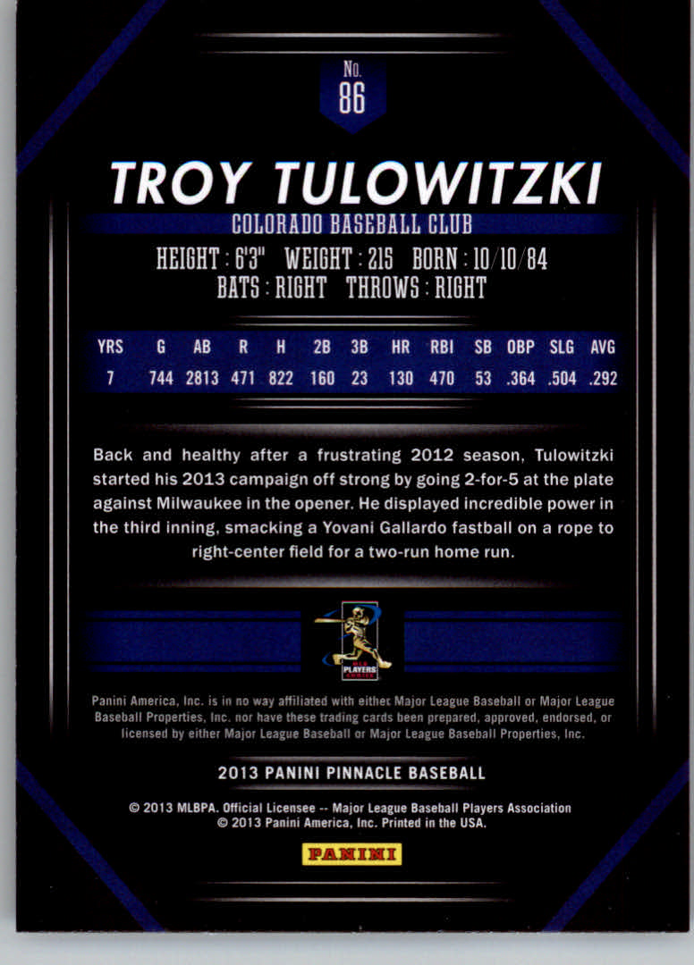 2013 Pinnacle #86 Troy Tulowitzki back image