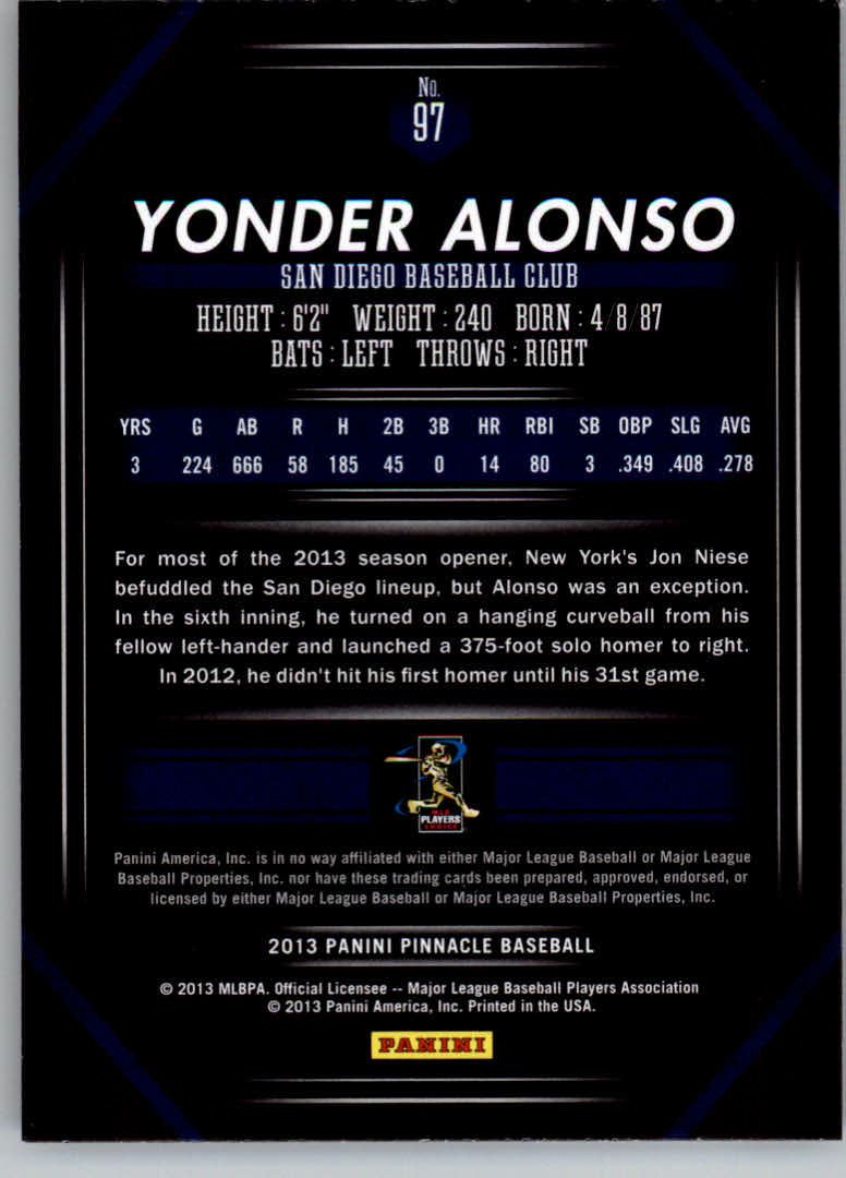 2013 Pinnacle #97 Yonder Alonso back image