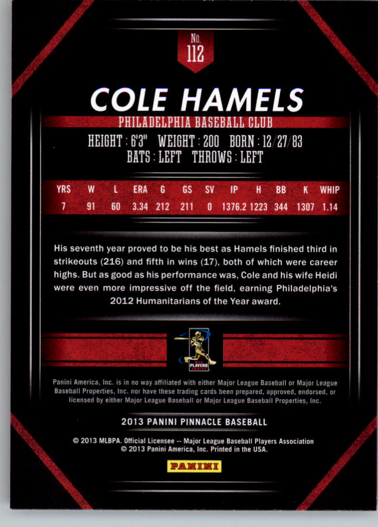 2013 Pinnacle #112 Cole Hamels back image