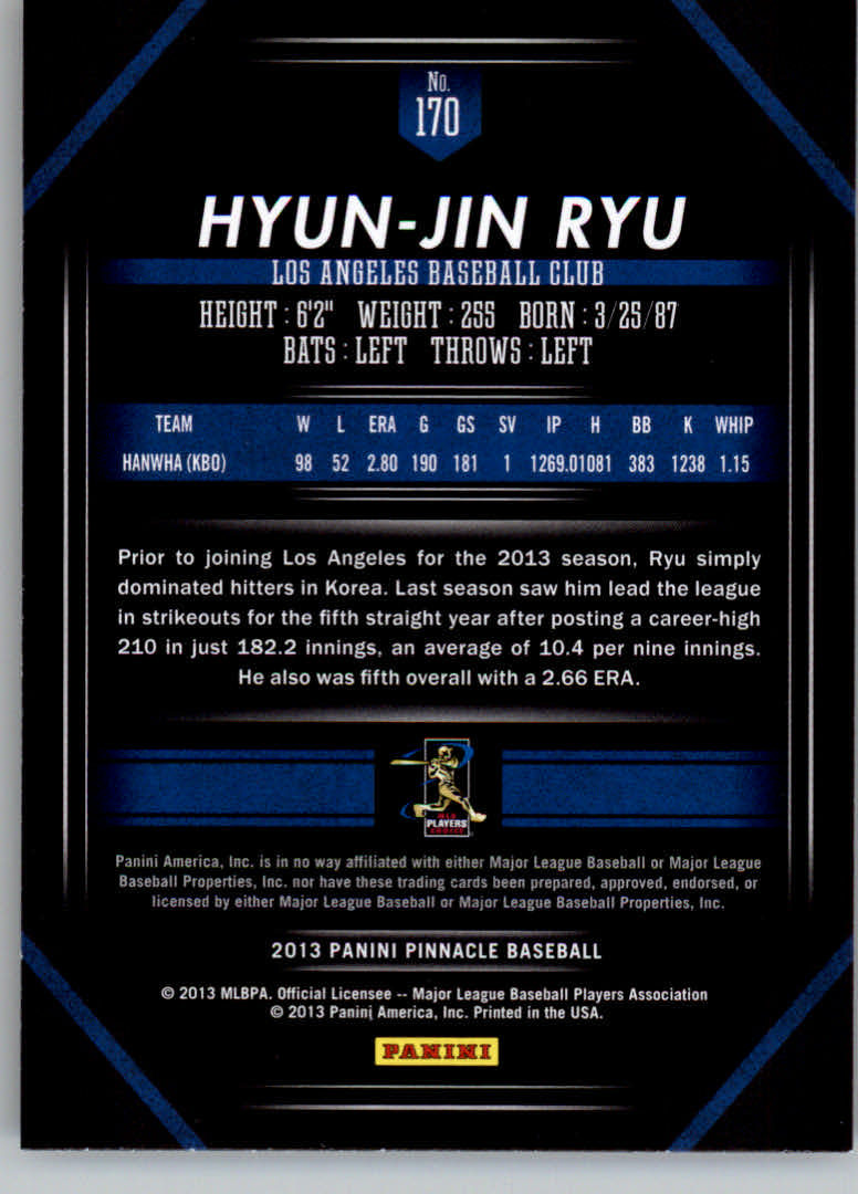2013 Pinnacle #170 Hyun-Jin Ryu RC back image