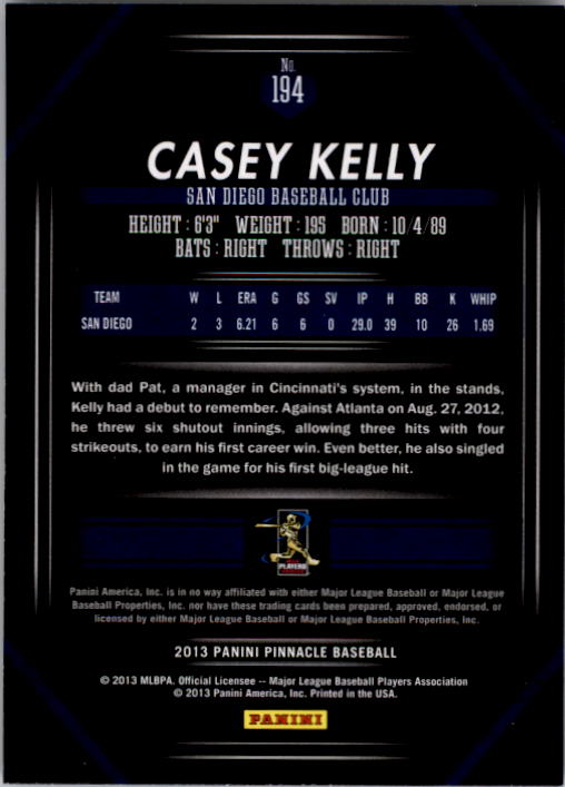 2013 Pinnacle Museum Collection #194 Casey Kelly back image