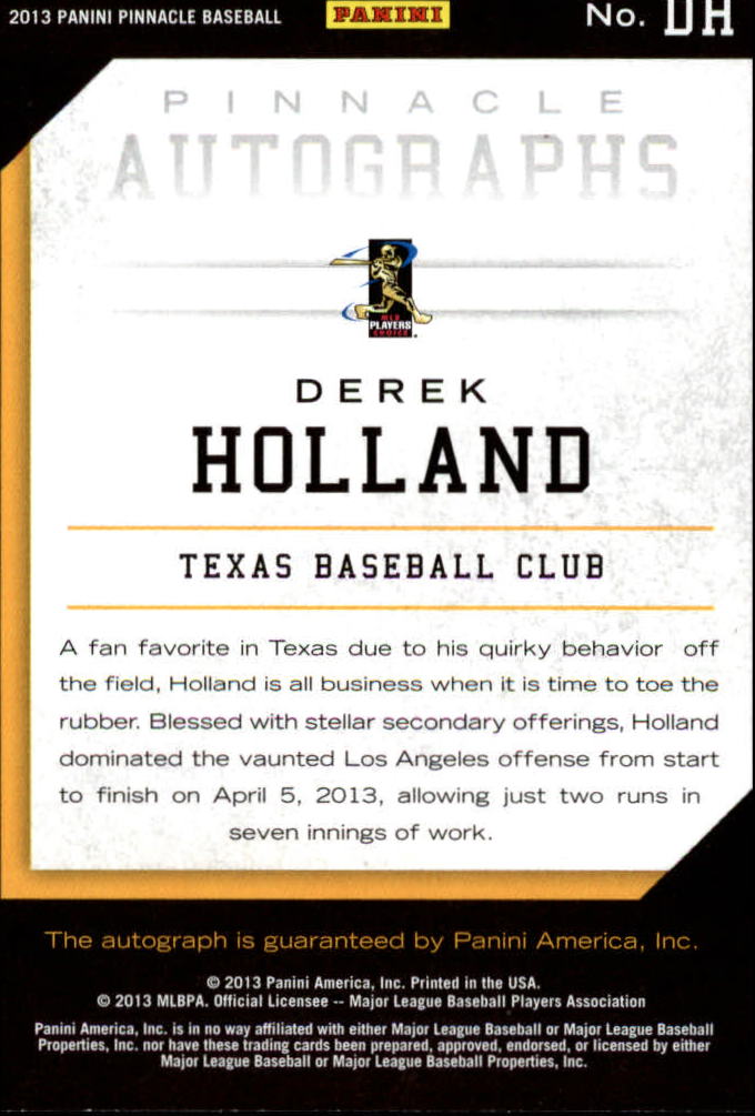 2013 Pinnacle Autographs #DH Derek Holland back image