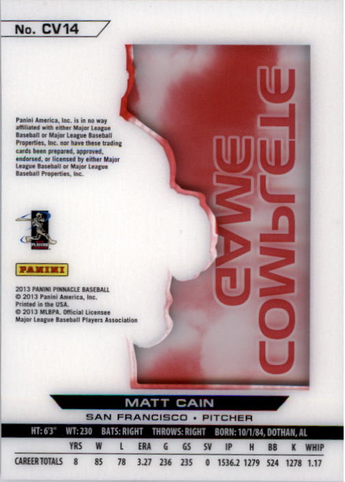 2013 Pinnacle Clear Vision Pitching Complete Game #14 Matt Cain back image