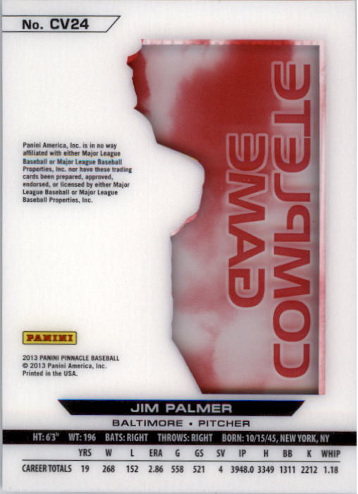 2013 Pinnacle Clear Vision Pitching Complete Game #24 Jim Palmer back image