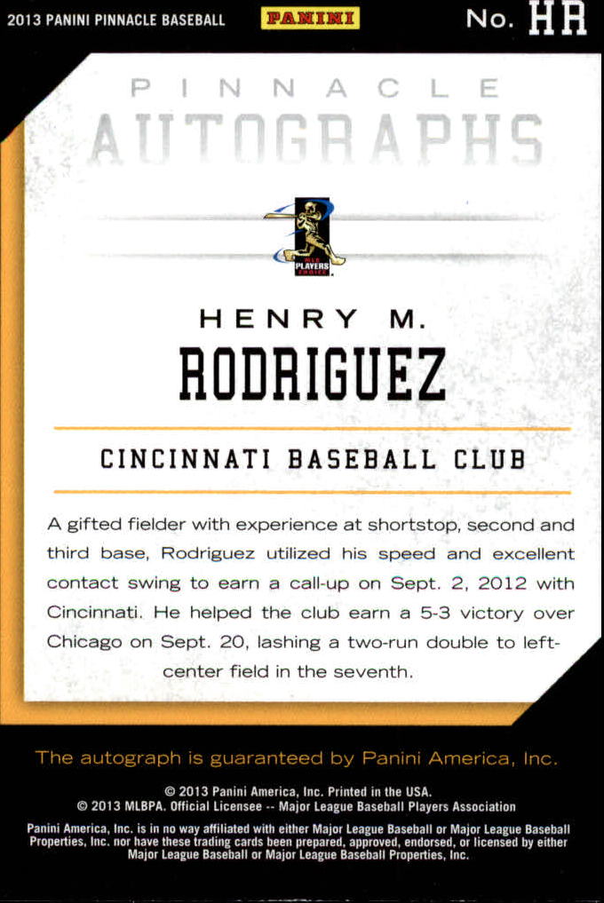 2013 Pinnacle Rookie Autographs #HR Henry Rodriguez back image