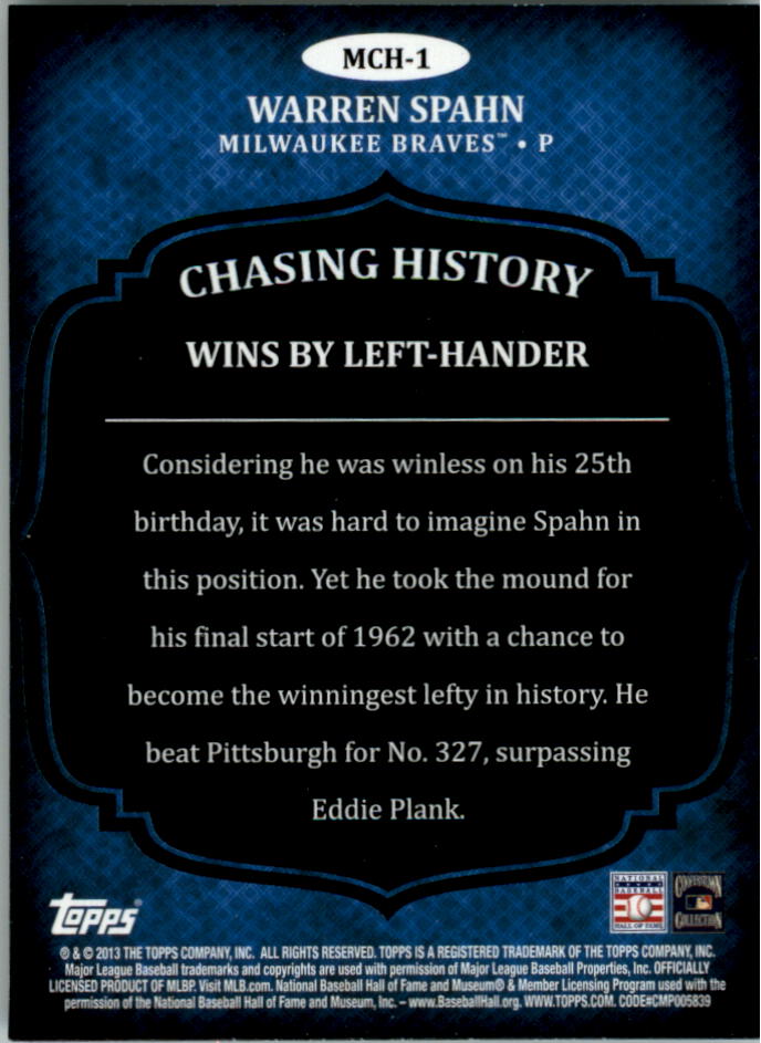 2013 Topps Mini Chasing History #MCH1 Warren Spahn back image