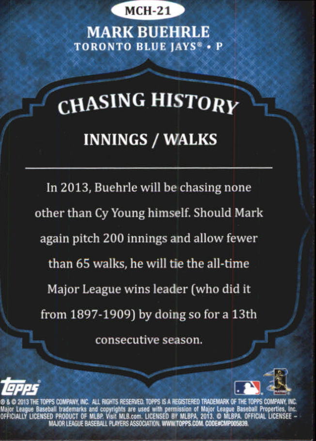 2013 Topps Mini Chasing History #MCH21 Mark Buehrle back image