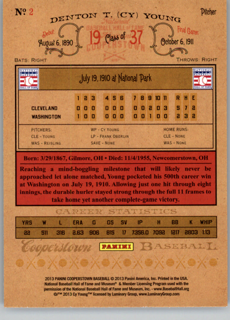 2013 Panini Cooperstown #2 Cy Young back image
