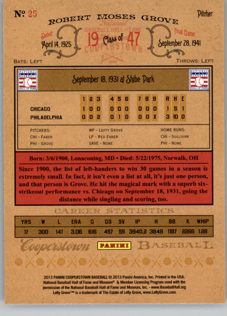 2013 Panini Cooperstown #25 Lefty Grove back image