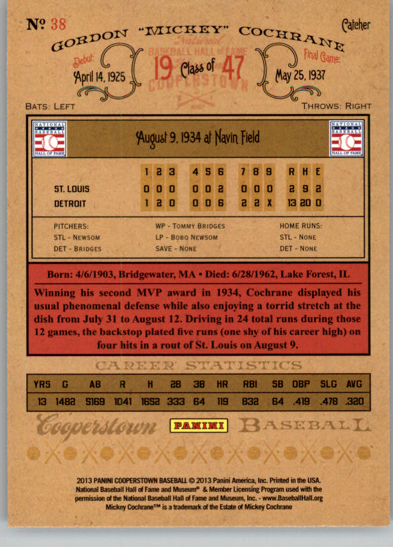 2013 Panini Cooperstown #38 Mickey Cochrane back image