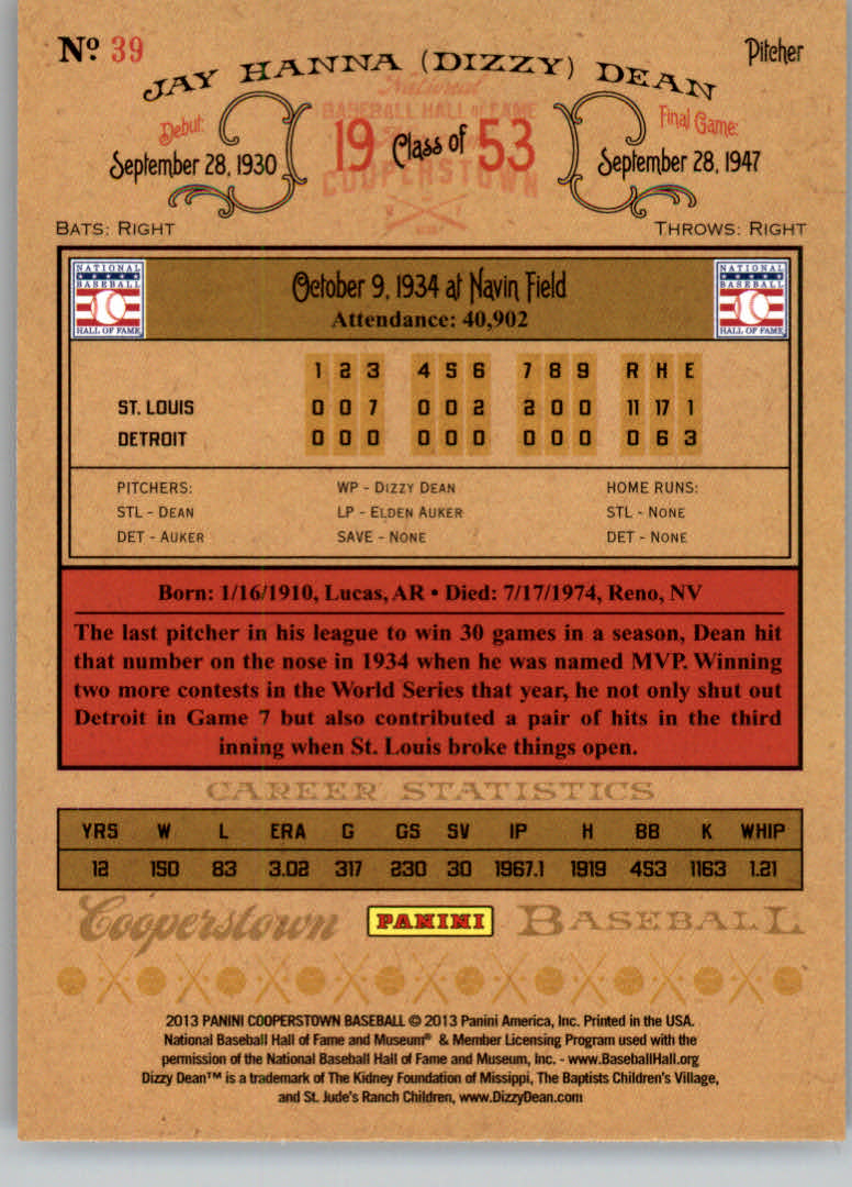 2013 Panini Cooperstown #39 Dizzy Dean back image