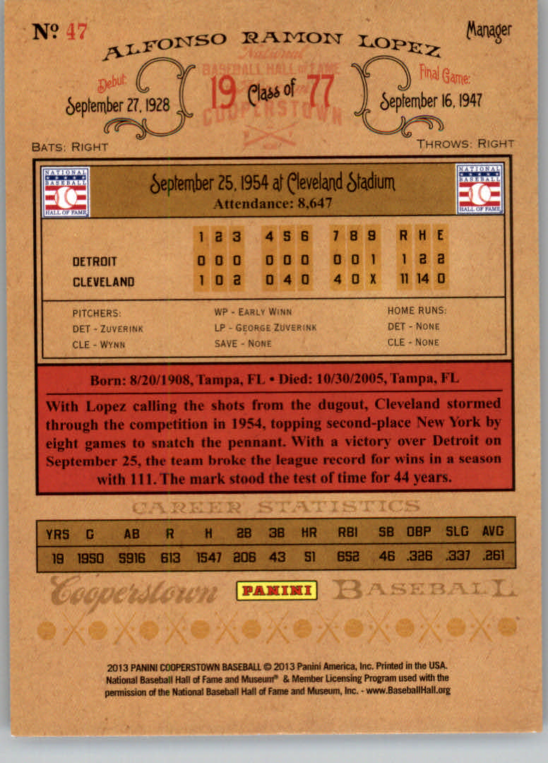 2013 Panini Cooperstown #47 Al Lopez back image