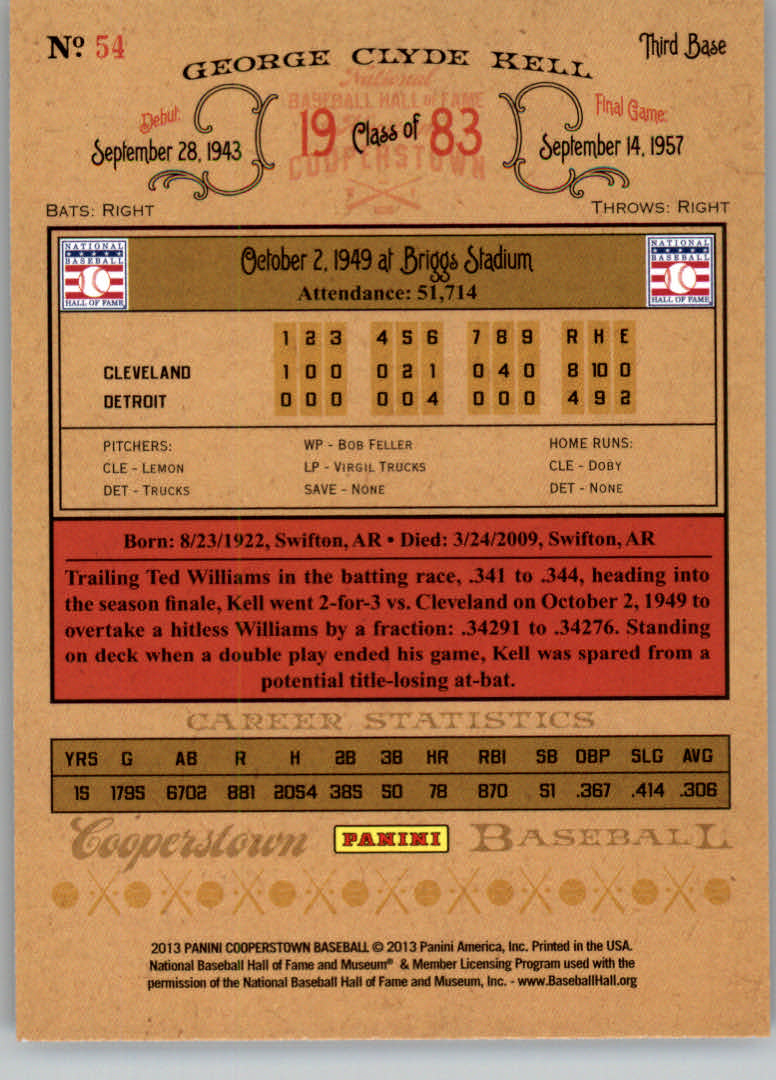 2013 Panini Cooperstown #54 George Kell back image