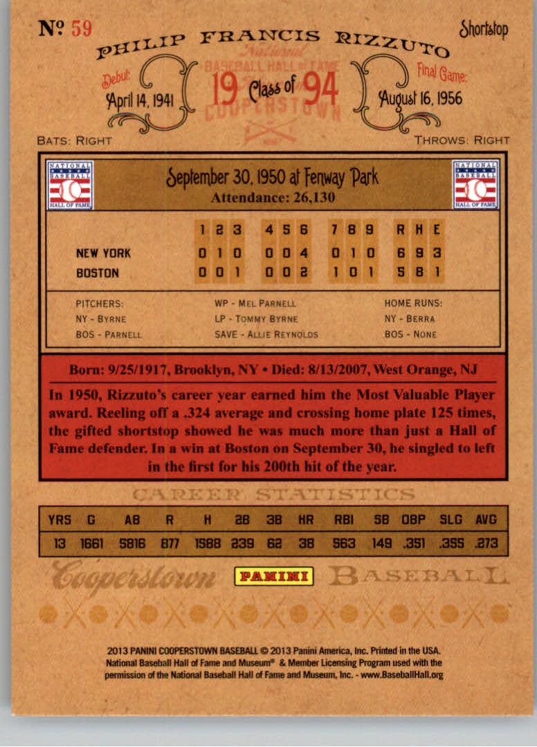 2013 Panini Cooperstown #59 Phil Rizzuto back image