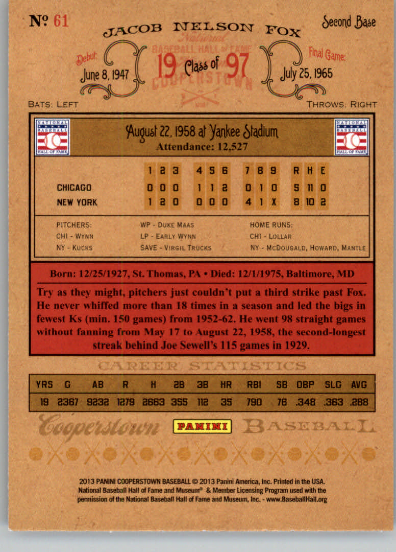 2013 Panini Cooperstown #61 Nellie Fox back image