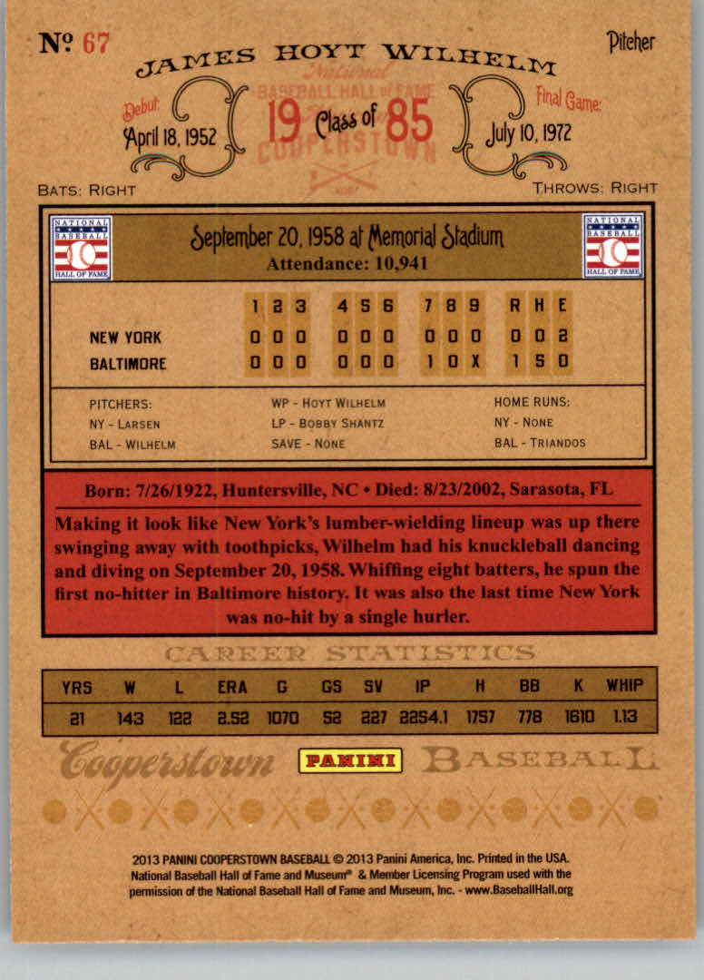 2013 Panini Cooperstown #67 Hoyt Wilhelm back image