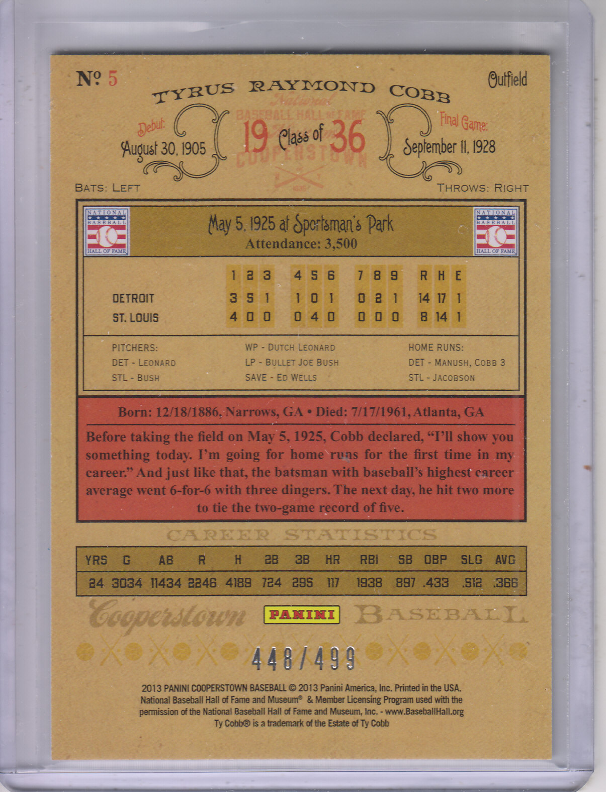 2013 Panini Cooperstown Blue Crystal #5 Ty Cobb back image