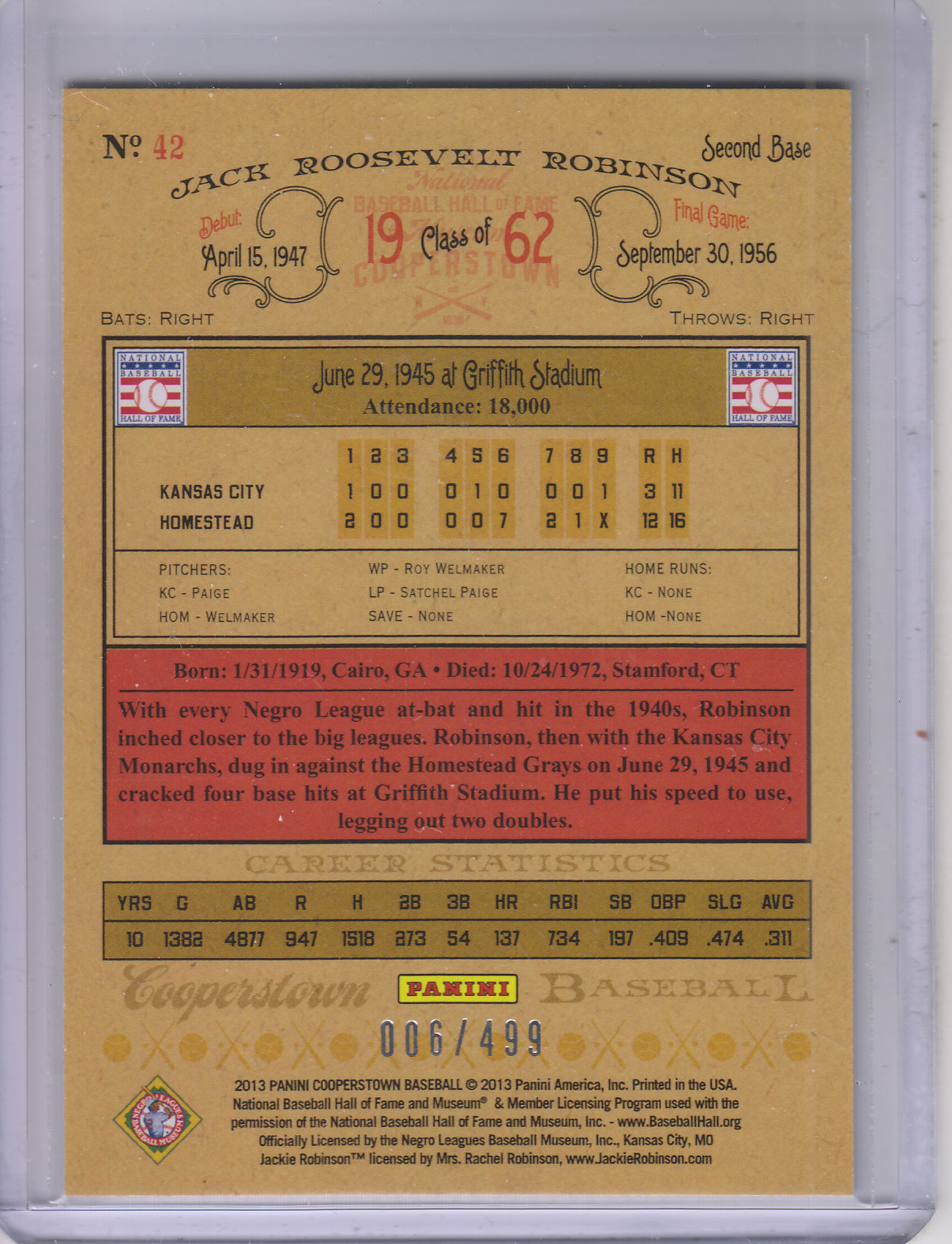 2013 Panini Cooperstown Blue Crystal #42 Jackie Robinson back image