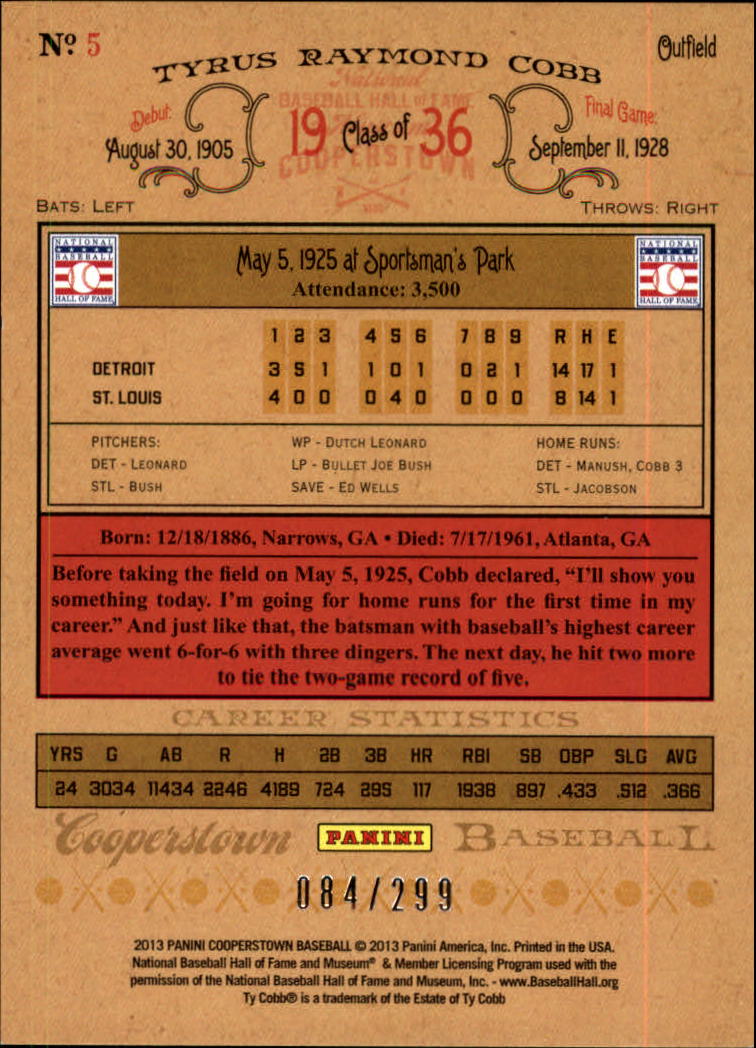 2013 Panini Cooperstown Gold Crystal #5 Ty Cobb back image