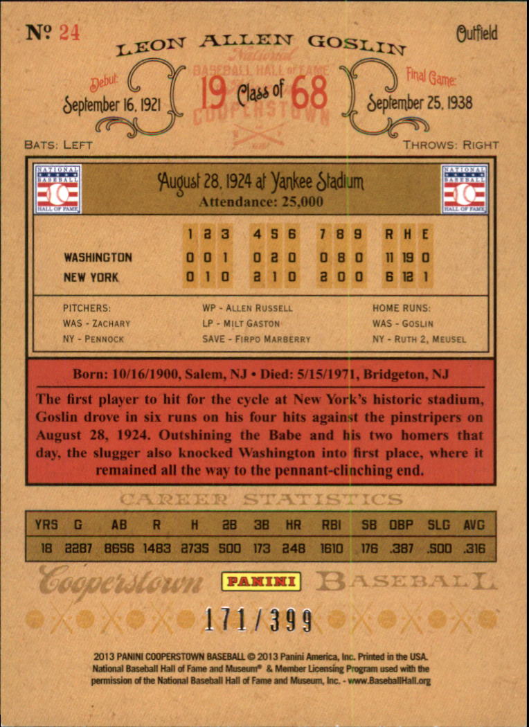 2013 Panini Cooperstown Red Crystal #24 Goose Goslin back image