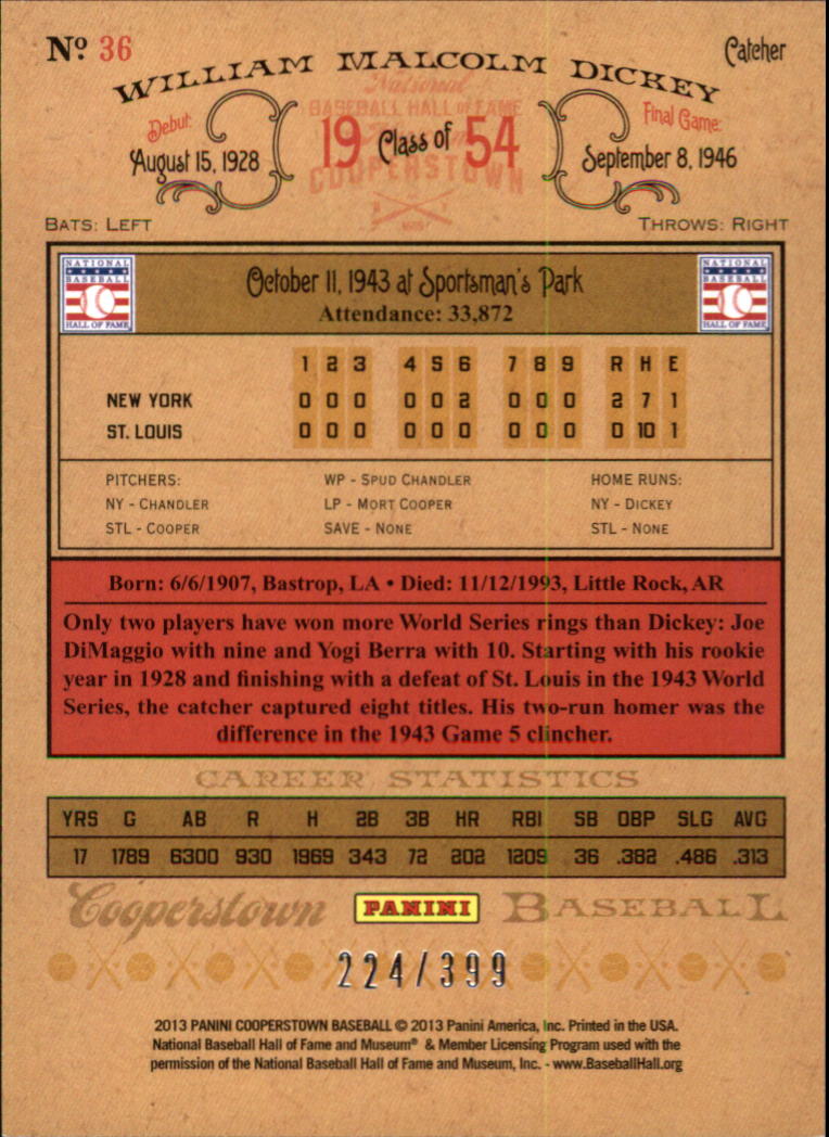 2013 Panini Cooperstown Red Crystal #36 Bill Dickey back image