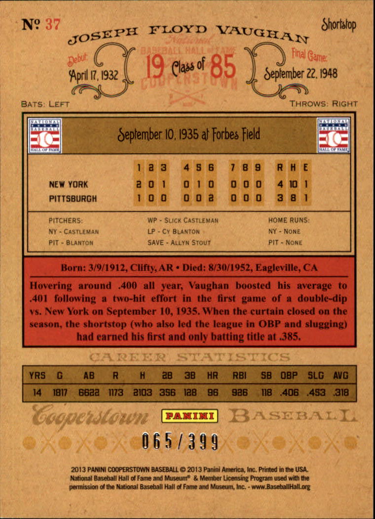 2013 Panini Cooperstown Red Crystal #37 Arky Vaughan back image