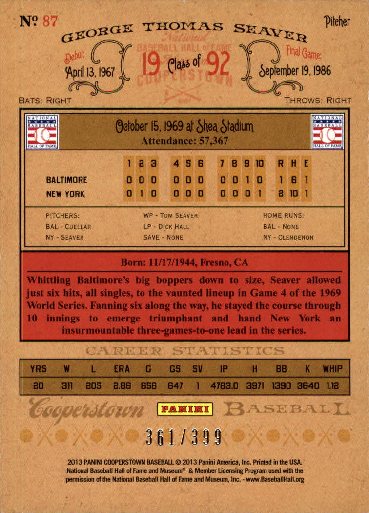 2013 Panini Cooperstown Red Crystal #87 Tom Seaver back image