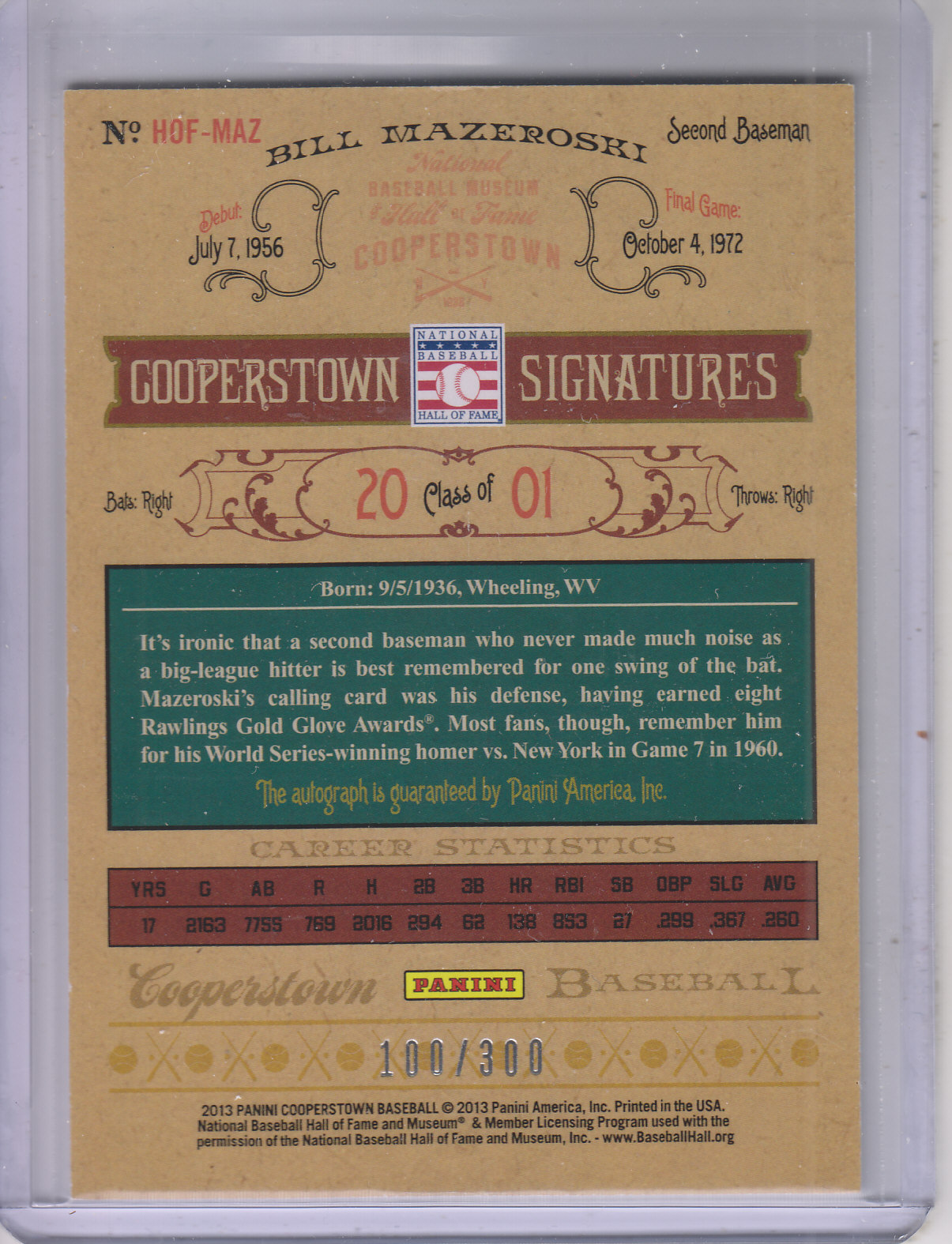 2013 Panini Cooperstown Signatures #HOFMAZ Bill Mazeroski/300 back image