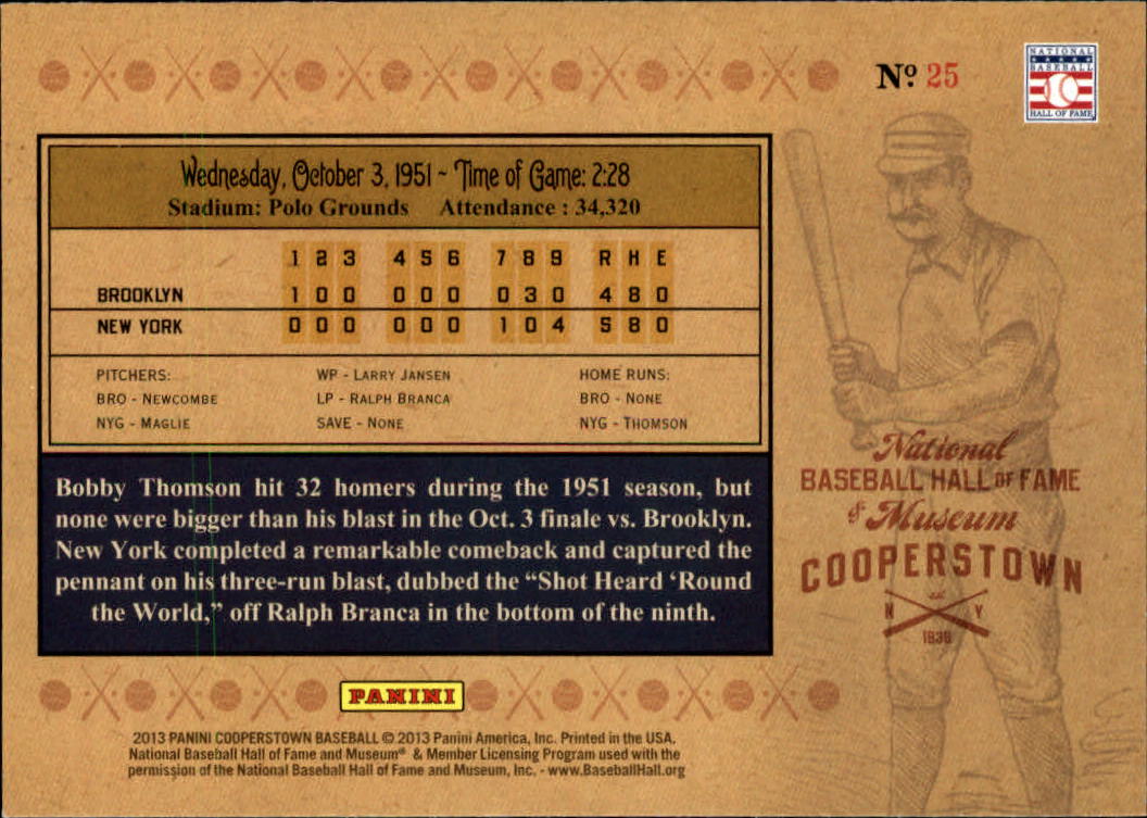 2013 Panini Cooperstown Historic Tickets #25 Bobby Thomson back image