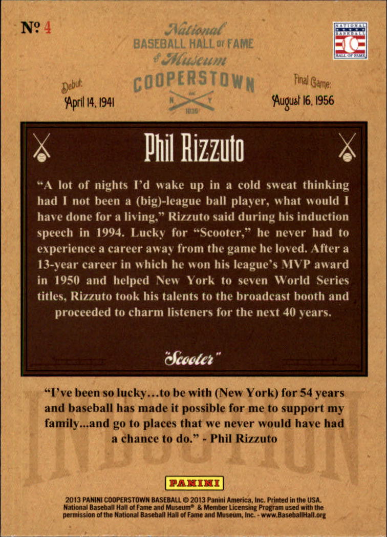 2013 Panini Cooperstown Induction #4 Phil Rizzuto back image
