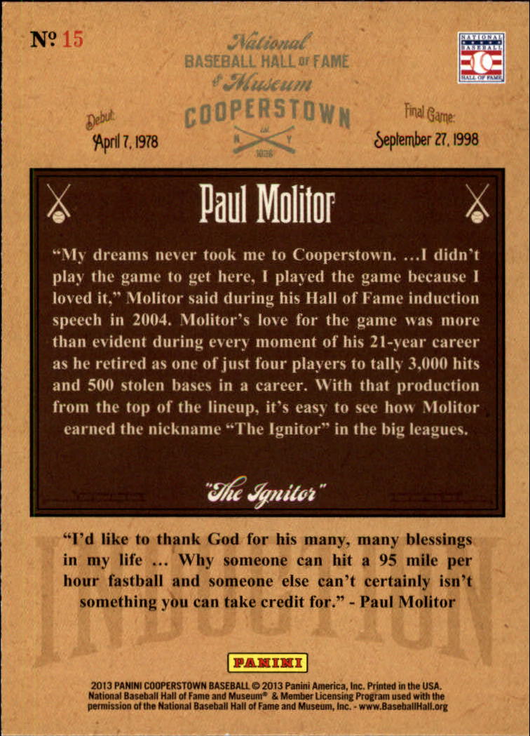2013 Panini Cooperstown Induction #15 Paul Molitor back image
