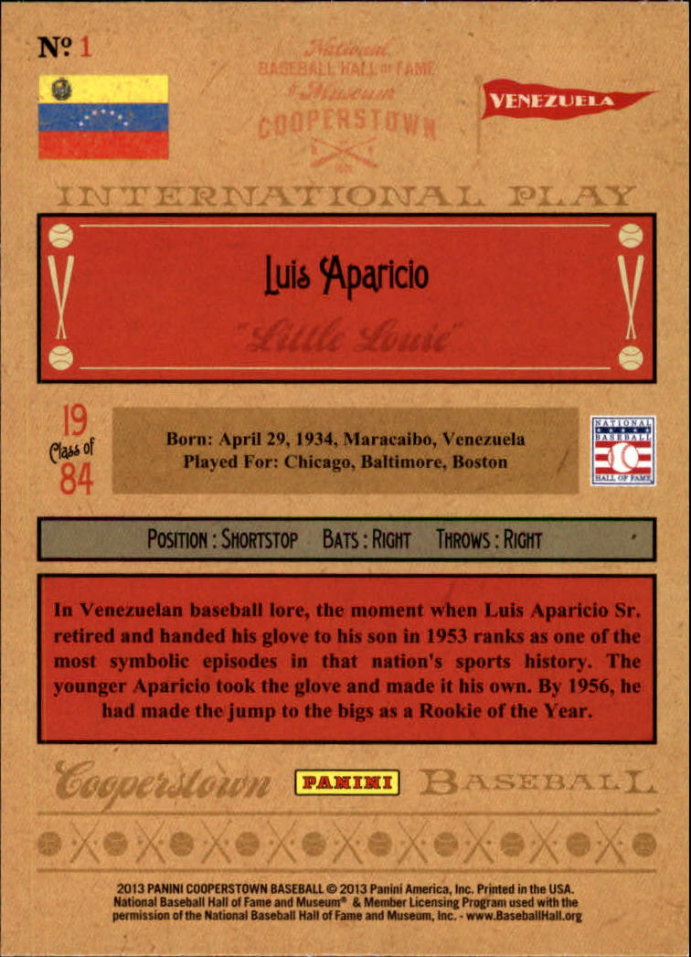 2013 Panini Cooperstown International Play #1 Luis Aparicio back image