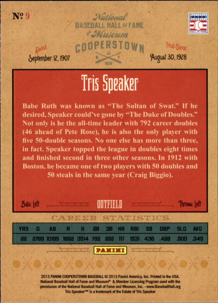 2013 Panini Cooperstown Numbers Game #9 Tris Speaker back image