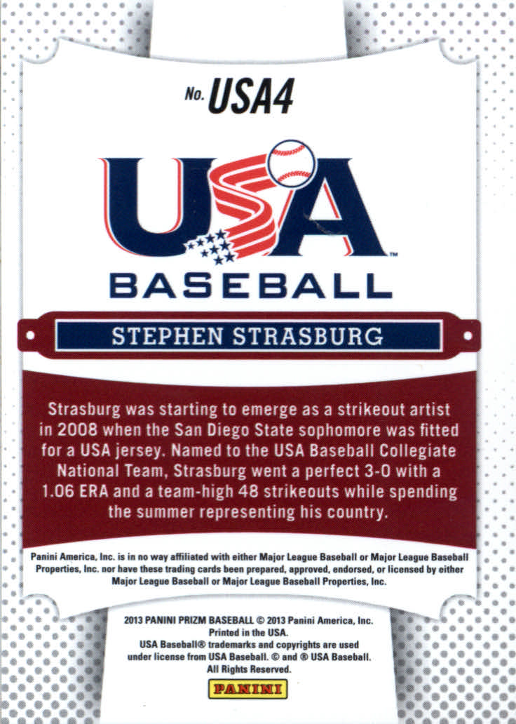 2013 Panini Prizm USA Baseball #4 Stephen Strasburg back image