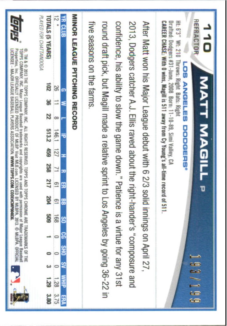 2013 Topps Chrome Blue Refractors #110 Matt Magill back image