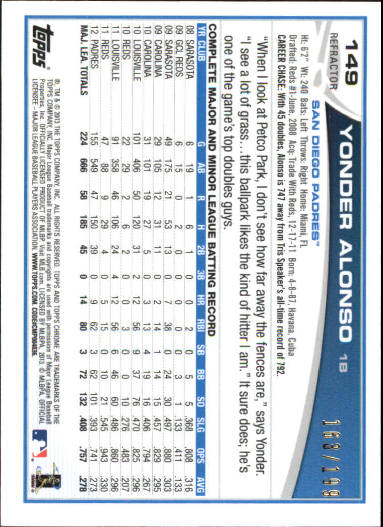 2013 Topps Chrome Blue Refractors #149 Yonder Alonso back image