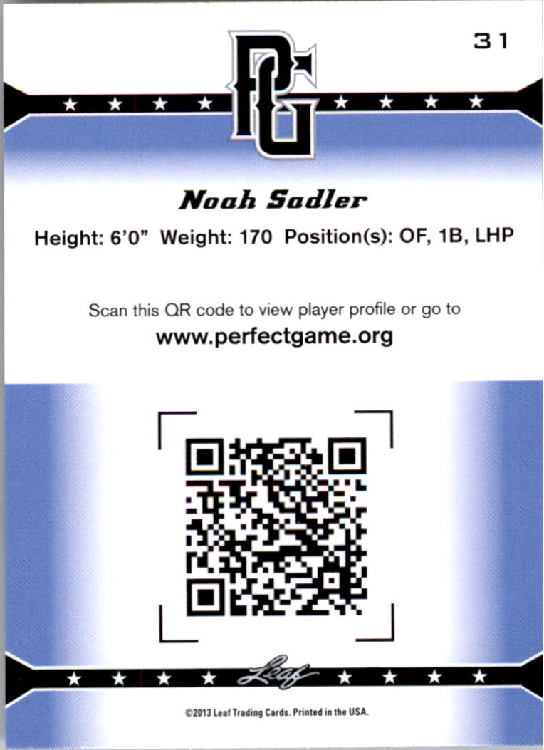 2013 Leaf Perfect Game #31 Noah Sadler back image