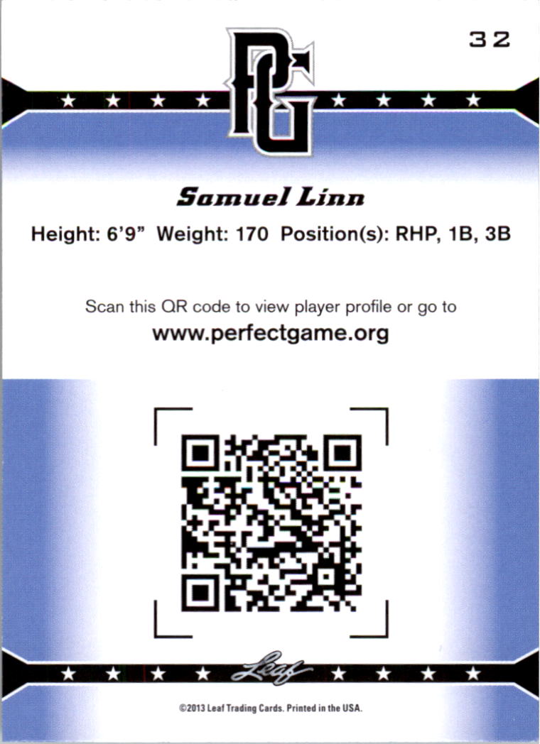 2013 Leaf Perfect Game #32 Samuel Linn back image