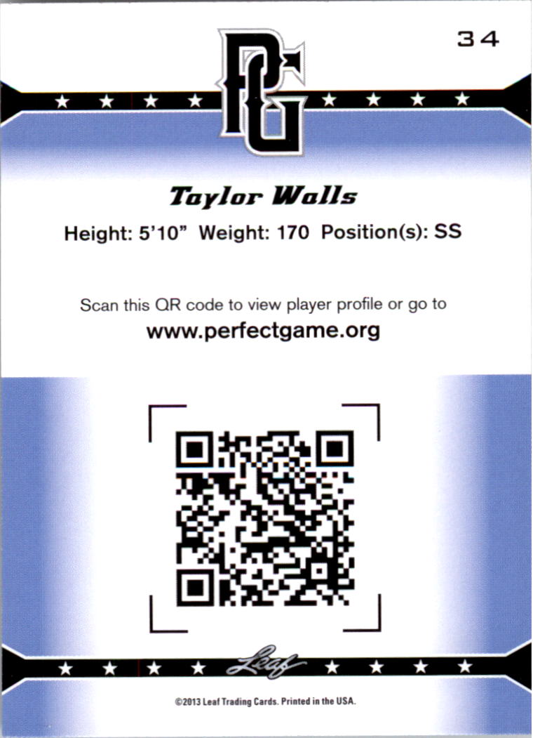 2013 Leaf Perfect Game #34 Taylor Walls back image