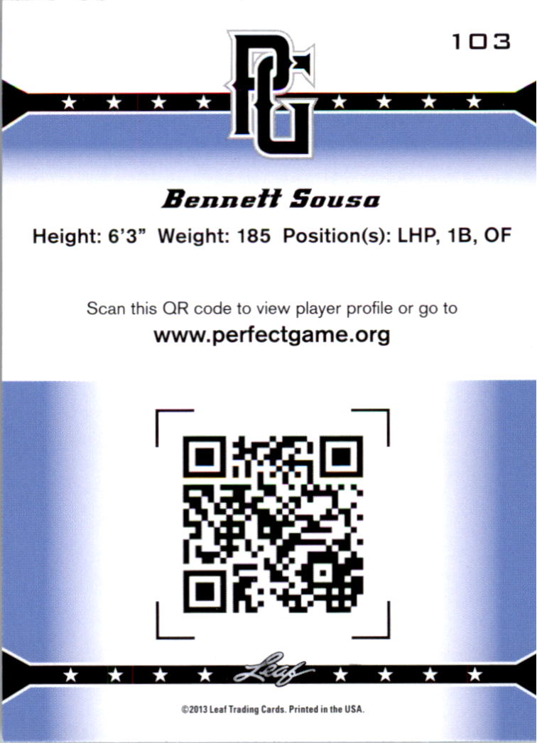 2013 Leaf Perfect Game #103 Bennett Sousa back image