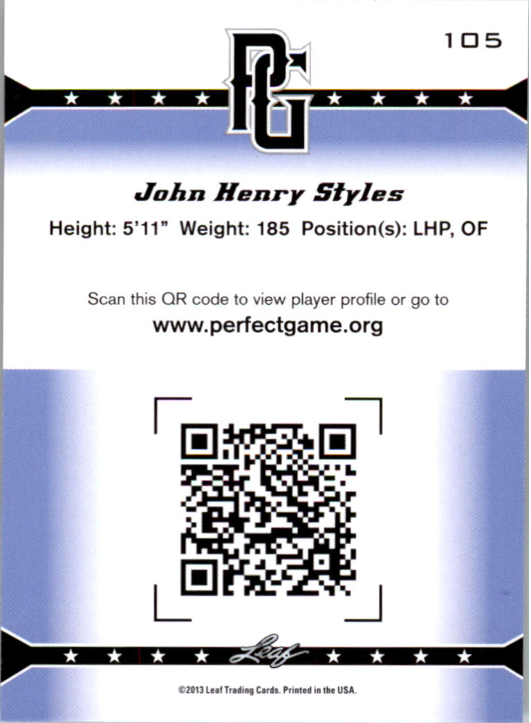 2013 Leaf Perfect Game #105 John Henry Styles back image