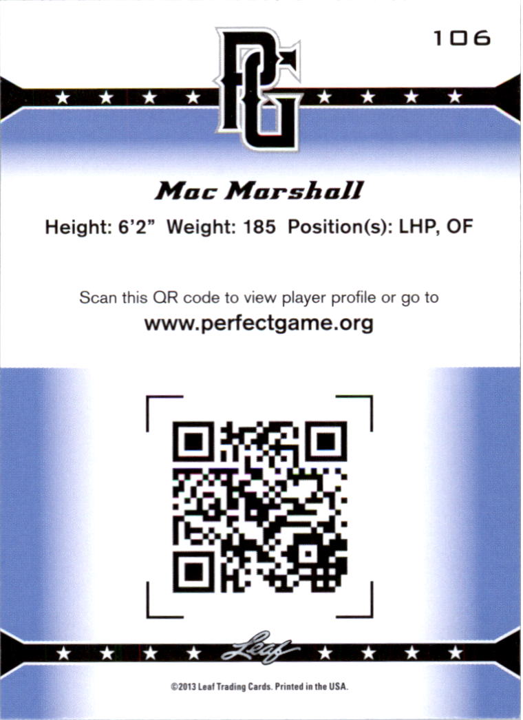 2013 Leaf Perfect Game #106 Mac Marshall back image