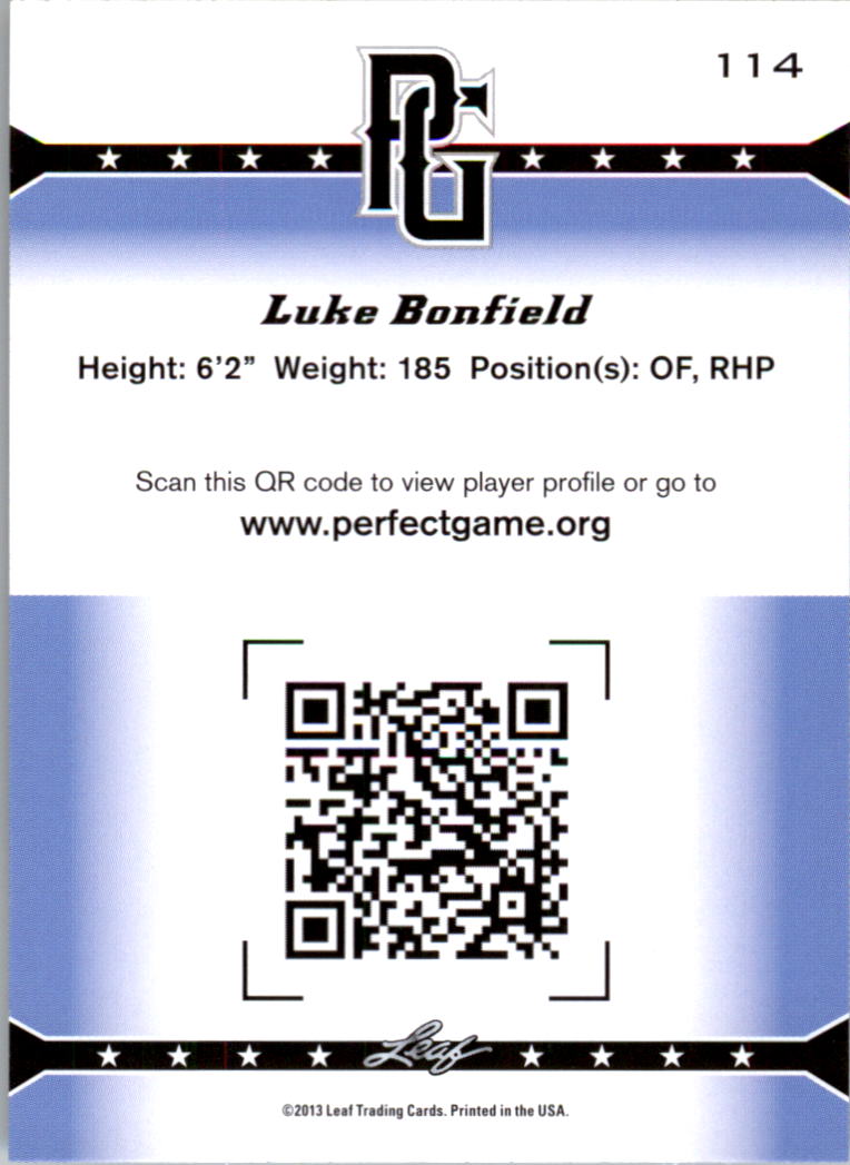 2013 Leaf Perfect Game #114 Luke Bonfield back image