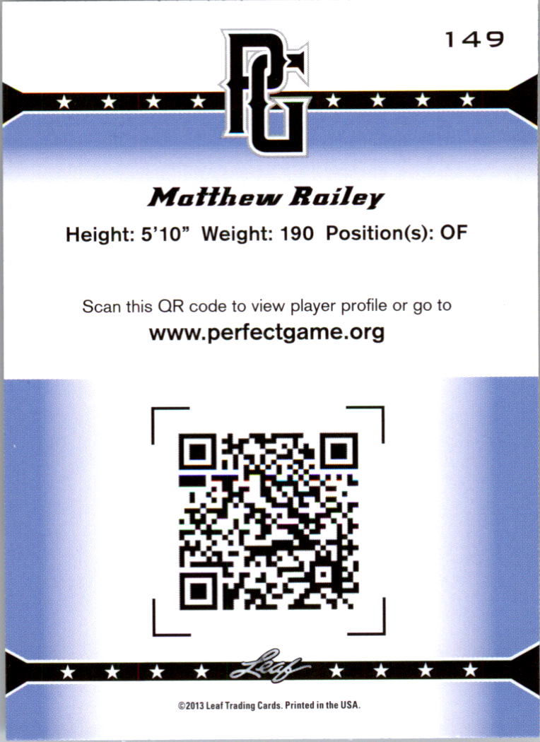 2013 Leaf Perfect Game #149 Matthew Railey back image