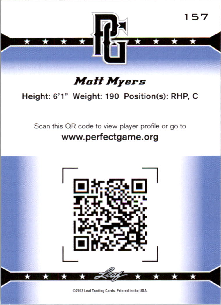 2013 Leaf Perfect Game #157 Matt Myers back image