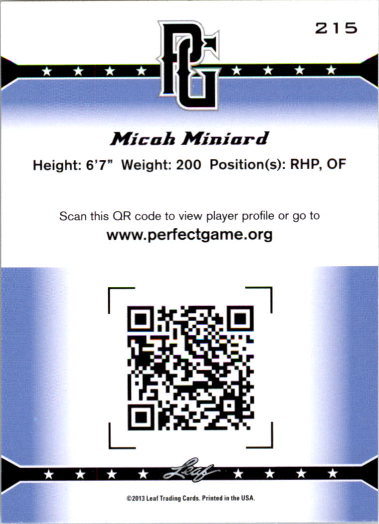 2013 Leaf Perfect Game #215 Micah Miniard back image